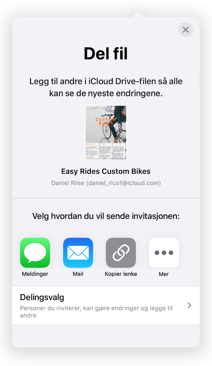 Legg til personer-skjermen som viser et bilde av dokumentet som skal deles. Nedenfor er knapper for måter å sende invitasjonen på, blant annet Mail, Kopier lenke og Mer. Delingsvalg-knappen er nederst.