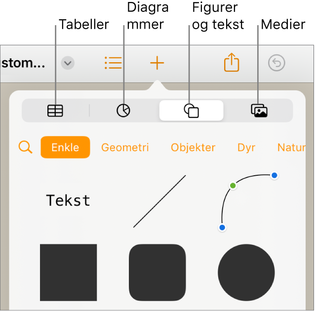 Kontrollene for å legge til et objekt, med knapper øverst for velge tabeller, diagrammer, figurer (inkludert linjer og tekstruter) og medier.