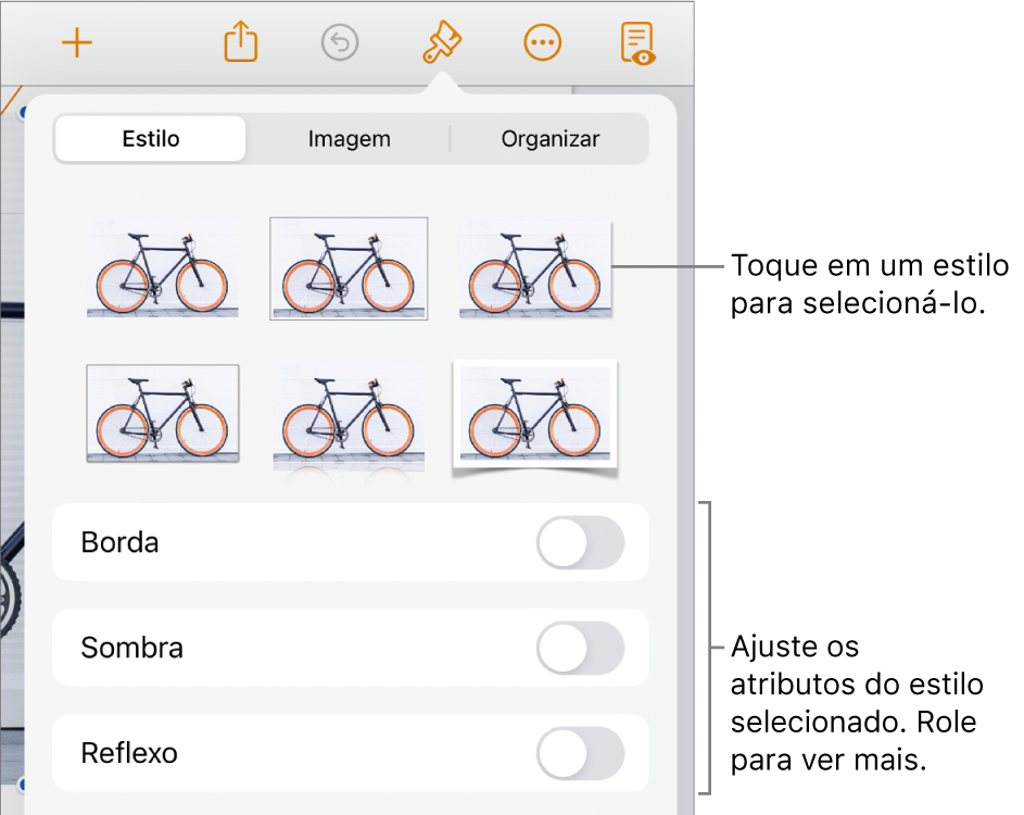 A aba Estilo do menu Formatar, com estilos de objetos na parte superior e controles abaixo para alterar borda, sombra, reflexo e opacidade.