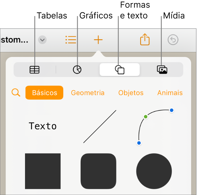 Os controles para adicionar um objeto, com botões na parte superior para selecionar tabelas, gráficos, formas (incluindo linhas e caixas de texto) e mídia.