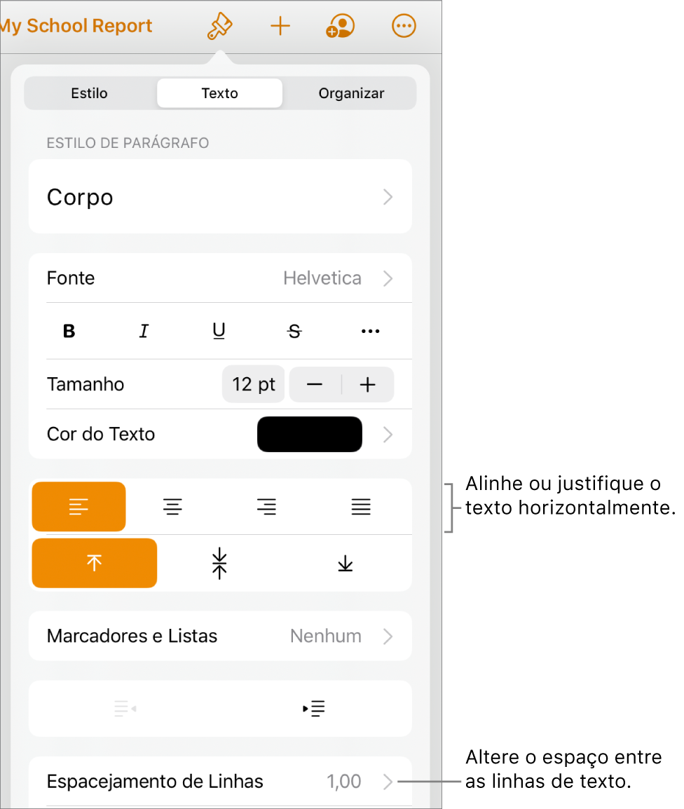 Botão de controles de formatação, com a aba Texto selecionada e balões explicativos para os botões de alinhamento de texto e o item de menu “Espacejamento Entre Linhas”.
