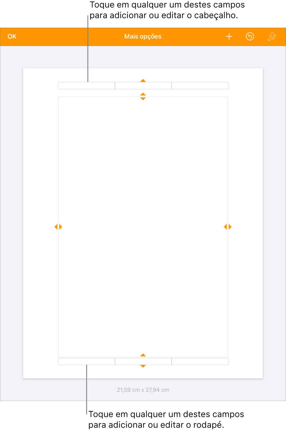A vista “Mais opções” com três campos na parte superior do documento para cabeçalhos e três campos na parte inferior para rodapés.