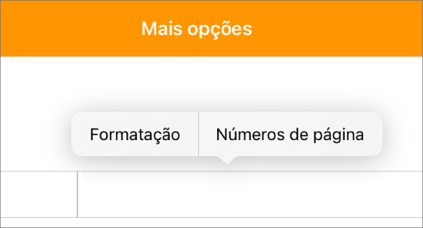 Três campos de cabeçalho com o ponto de inserção no campo do centro e um menu pop-up a mostrar “Números de página”.