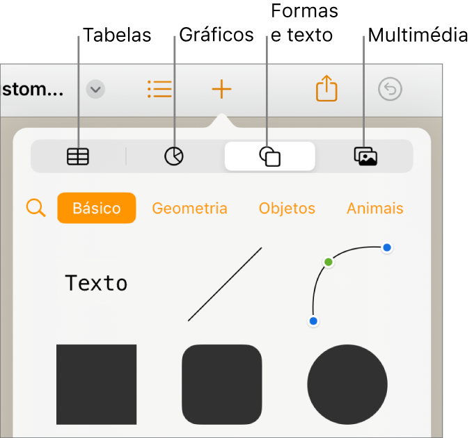 Os controlos para adicionar um objeto, com botões na parte superior para escolher tabelas, gráficos, formas (incluindo linhas e caixas de texto) e multimédia.