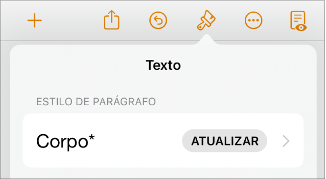 O estilo de parágrafo com um asterisco junto ao mesmo e um botão Atualizar à direita.