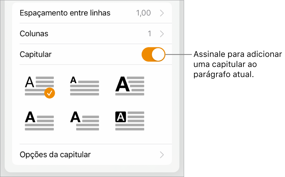 Os controlos de capitular localizados na parte inferior do menu Texto.