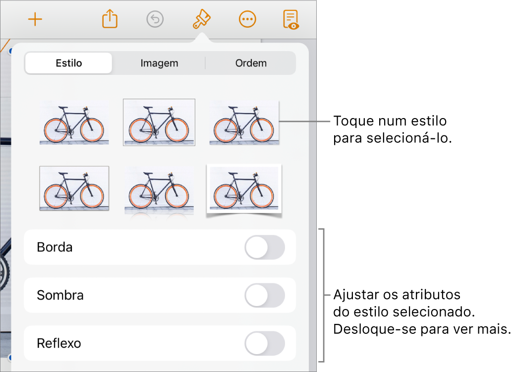 O separador Estilo do menu Formatação com estilos de objeto na parte superior e controlos por baixo para alterar o contorno, sombreado, reflexo e opacidade.