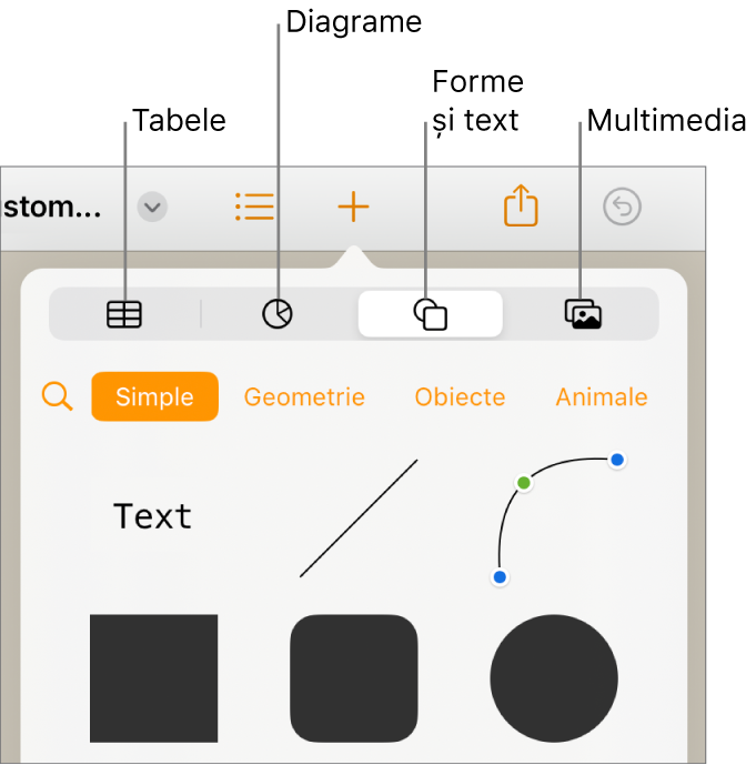 Comenzile pentru adăugarea unui obiect, cu butoane în partea de sus pentru alegerea tabelelor, a diagramelor, a formelor (inclusiv linii și casete de text) și a conținutului multimedia.