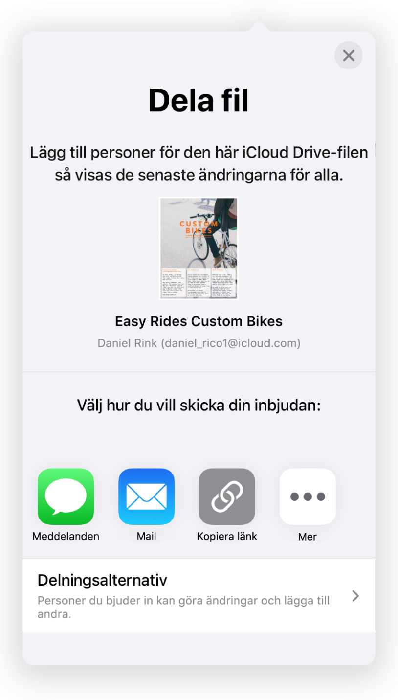 Skärmen Lägg till personer med en bild på dokumentet som ska delas. Under den finns knappar med olika sätt för att skicka inbjudan, bl.a. Mail och Kopiera länk. Längst ned finns knappen Delningsalternativ.