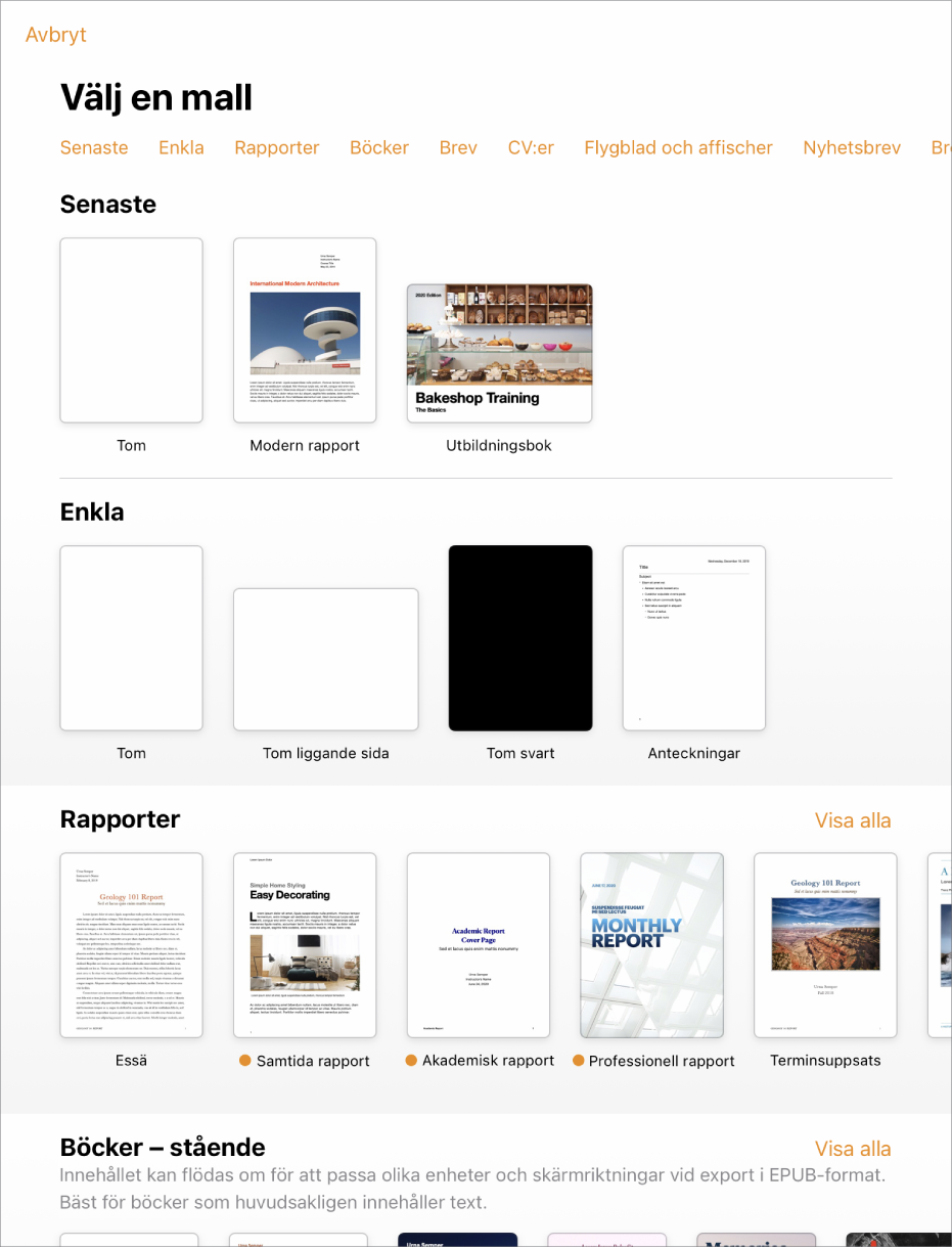 Längs överkanten i mallväljaren visas en rad med kategorier som du kan trycka på om du vill filtrera alternativen. Nedanför finns miniatyrer av fördesignade mallar som är ordnade i rader efter kategorier. Högst upp visas Senaste, följt av Enkla och Rapporter. Knappen Visa alla syns ovanför och till höger om varje kategorirad.