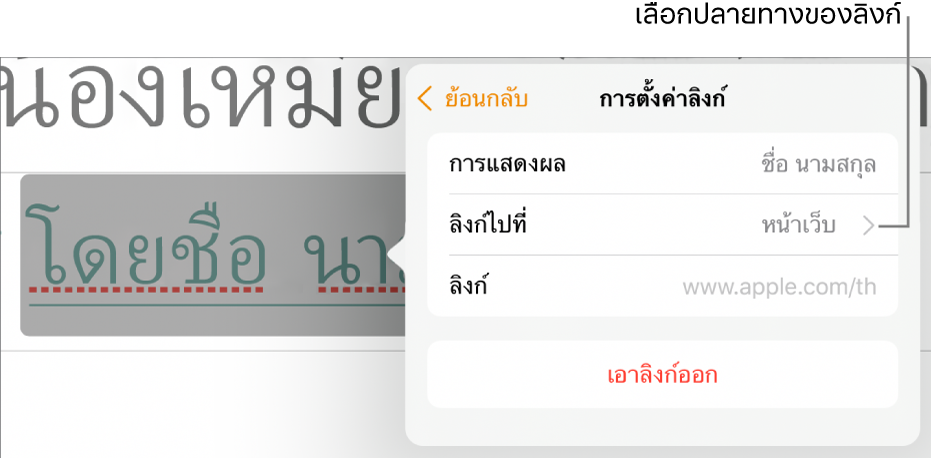 ตัวควบคุมการตั้งค่าลิงก์ที่มีช่องการแสดงผล ลิงก์ไปที่ (ตั้งค่าเป็นหน้าเว็บ) และช่องลิงก์ ปุ่มเอาลิงก์ออกอยู่ด้านล่างสุดของตัวควบคุม