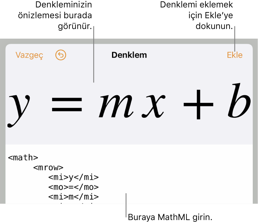 Çizgi eğimi denklemi için MathML kodu ve üstte formülün önizlemesi.