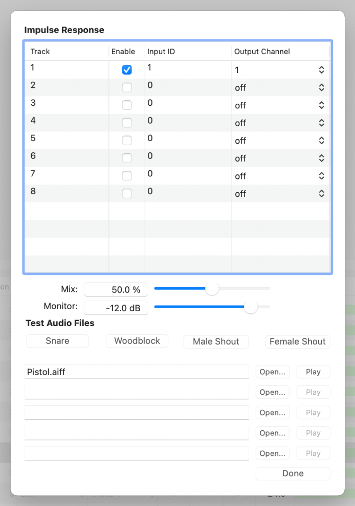 Figure. Image showing the standard impulse response Audition window.