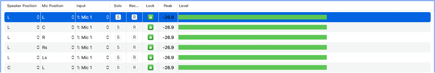 Figure. Track parameters, showing speaker and mic positions, input, solo, record, lock, peak, and level.