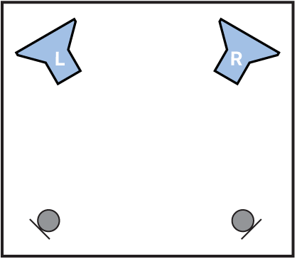 図。仮想残響室でのスピーカー配置とリスニングポジションを示す図。
