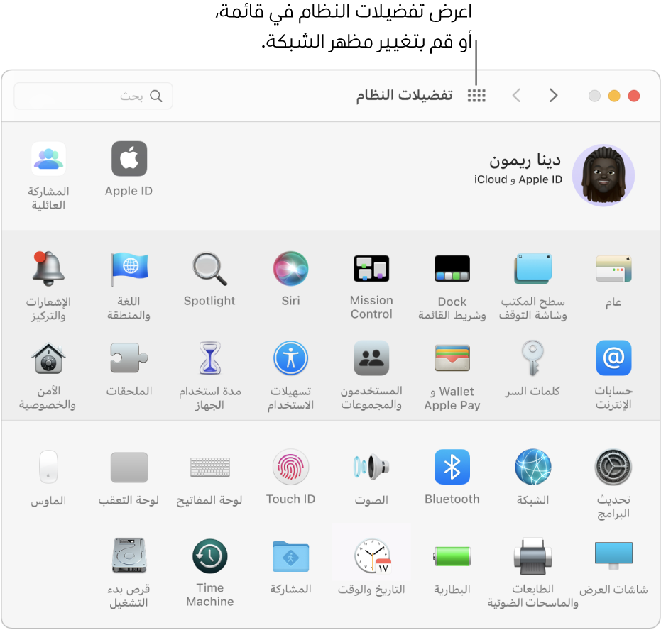 نافذة تفضيلات النظام تُظهر شبكة من الأيقونات. انقر على زر إظهار الكل في شريط أدوات النافذة لإظهار تفضيلات النظام في قائمة، أو لتغيير مظهر الشبكة.