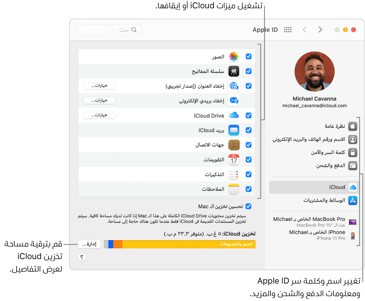 تفضيلات iCloud مع تحديد جميع الميزات.