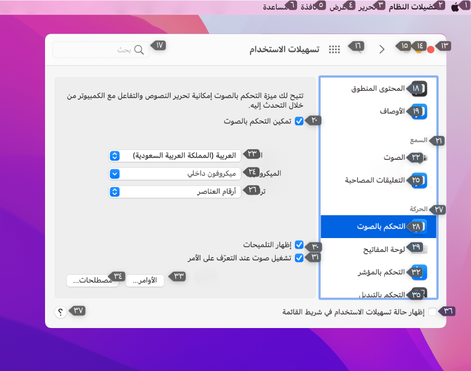 الجزء الأيمن من شريط القائمة يظهر رقمًا بجوار كل عنصر في شريط القائمة. يوجد أدناه جزء التحكم بالصوت ضمن تفضيلات تسهيلات الاستخدام يُظهر رقمًا بجوار كل عنصر تحكم واجهة المستخدم.