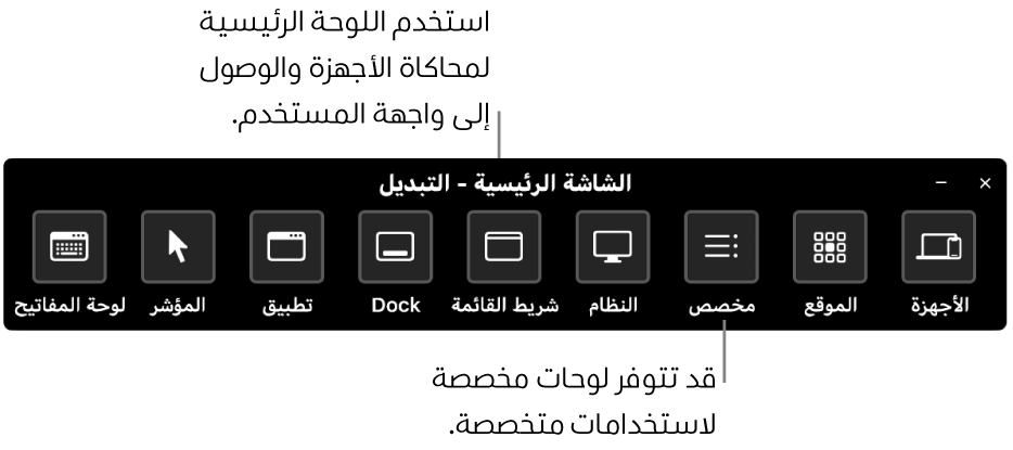 توفر اللوحة الرئيسية الخاصة بالتحكم في مفاتيح التبديل أزرارًا للتحكم فيما يلي، من اليمين إلى اليسار: لوحة المفاتيح، المؤشر، التطبيق، Dock، شريط القائمة، عناصر التحكم في النظام، اللوحات المخصصة، موقع الشاشة، الأجهزة الأخرى.