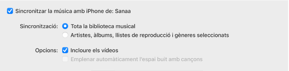 La casella “Sincronitzar la música al dispositiu” amb opcions addicionals per sincronitzar tota la biblioteca o només els ítems seleccionats i per incloure els vídeos i les notes de veu al procés de sincronització.