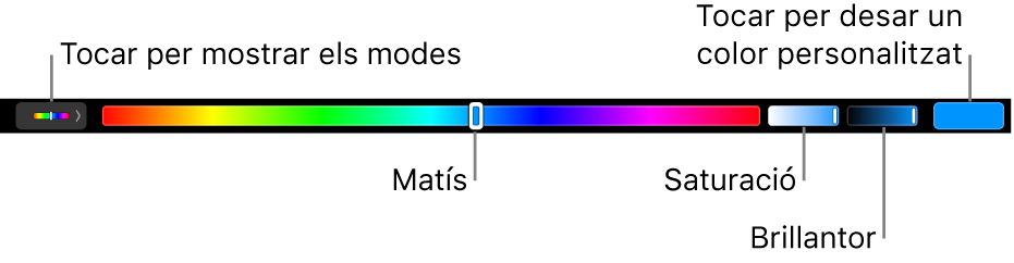 La Touch Bar, amb els reguladors de matís, saturació i brillantor del mode HSB. A l’extrem esquerre hi ha el botó per mostrar tots els modes; a la dreta, el botó per desar un color personalitzat.