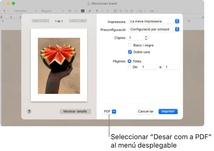 Fes clic al menú desplegable PDF i selecciona “Desar com a PDF”.