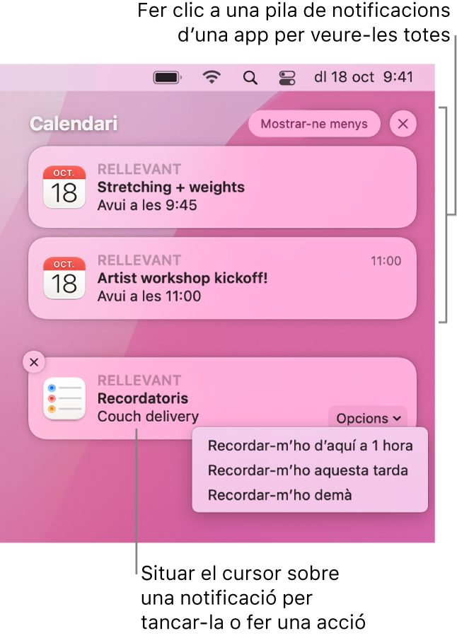 Notificacions d’app a l’angle superior dret de l’escriptori que inclou una pila oberta de dues notificacions de l’app Recordatoris amb el botó “Mostrar‑ne menys” per contraure la pila i una notificació de l’app Calendari amb un botó Ajornar.