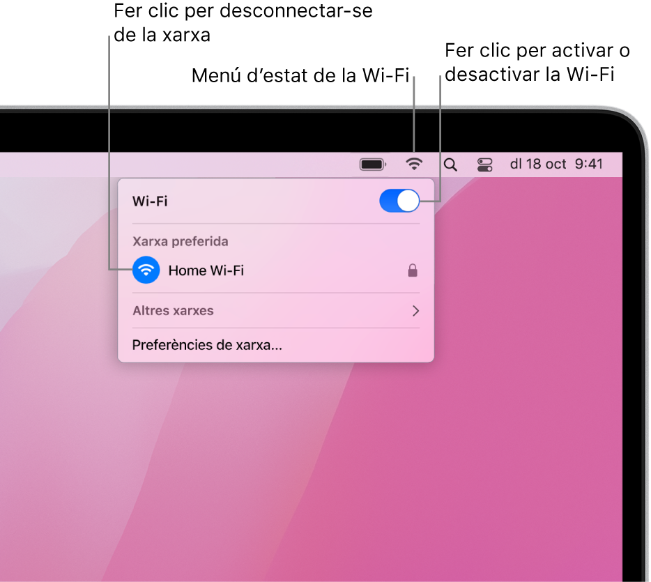 El menú d’estat de la Wi‑Fi, que mostra un punt d’accés personal i dues xarxes preferides.