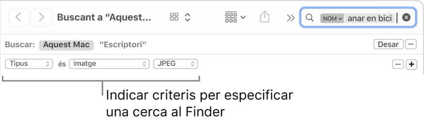Una finestra del Finder amb camps per especificar criteris de cerca.