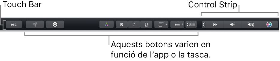 La Touch Bar, situada a la part superior del teclat, amb botons que varien segons l’app o la tasca, a l’esquerra, i la Control Strip contreta, a la dreta.