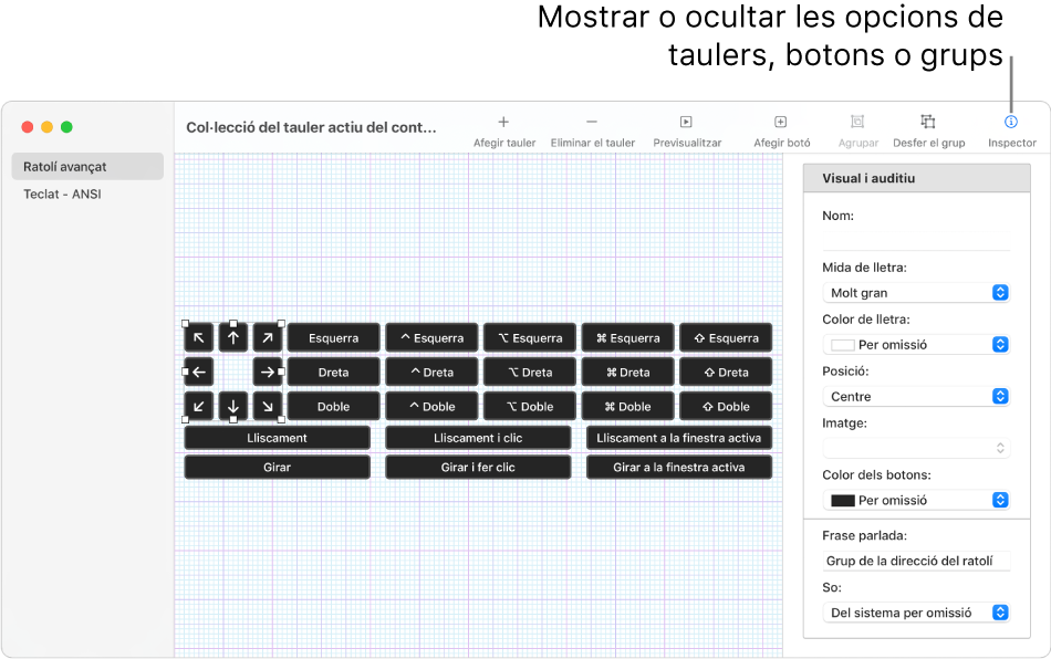 Una finestra de col·lecció de taulers que mostra el botó de l’inspector, a l’extrem dret de la barra d’eines, per definir opcions per a taulers, botons i grups.