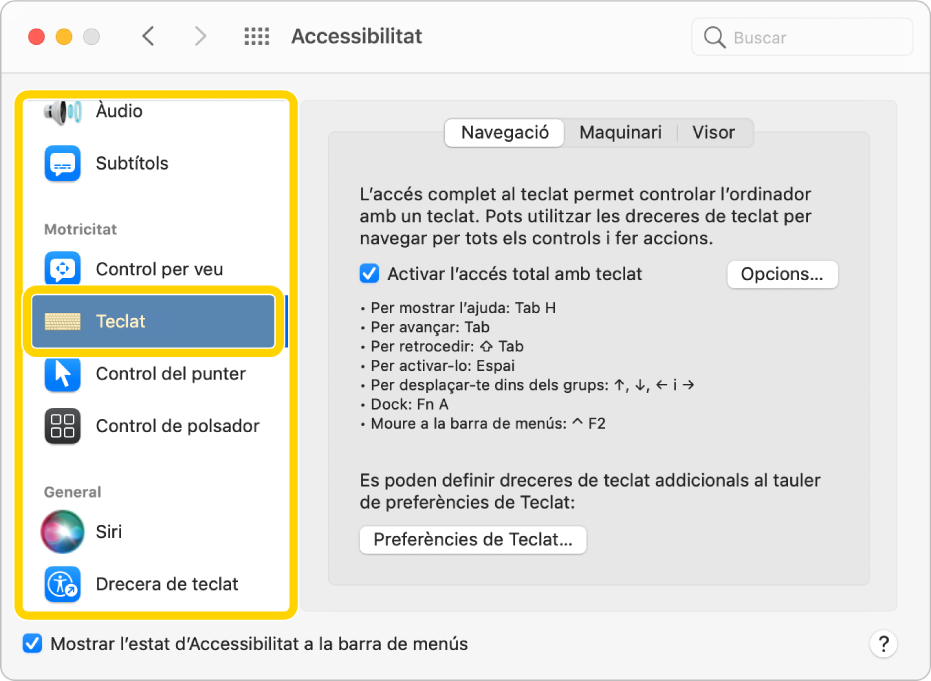 El tauler “Navegació de teclat” de les preferències d’Accessibilitat, amb l'accés total amb teclat activat. A la llista de taulers de la barra lateral, Teclat té el focus i està ressaltat per “Accés total amb teclat”.