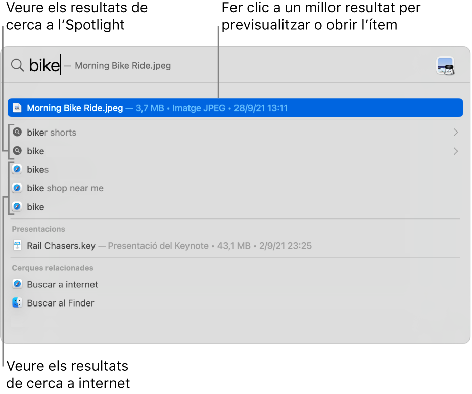 La finestra de l’Spotlight mostrant el text de cerca al camp de cerca a la part superior de la finestra i els resultats a sota.