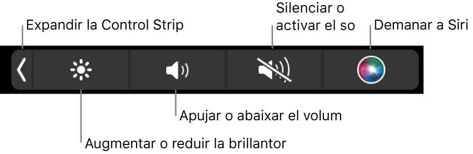 La Control Strip contreta inclou botons, d’esquerra a dreta, per ampliar la Control Strip, augmentar o reduir la brillantor de la pantalla i el volum, silenciar o activar el so i utilitzar Siri.