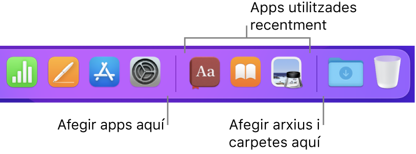 Una part del Dock que mostra les línies separadores entre les apps, les apps utilitzades recentment, i els arxius i carpetes.