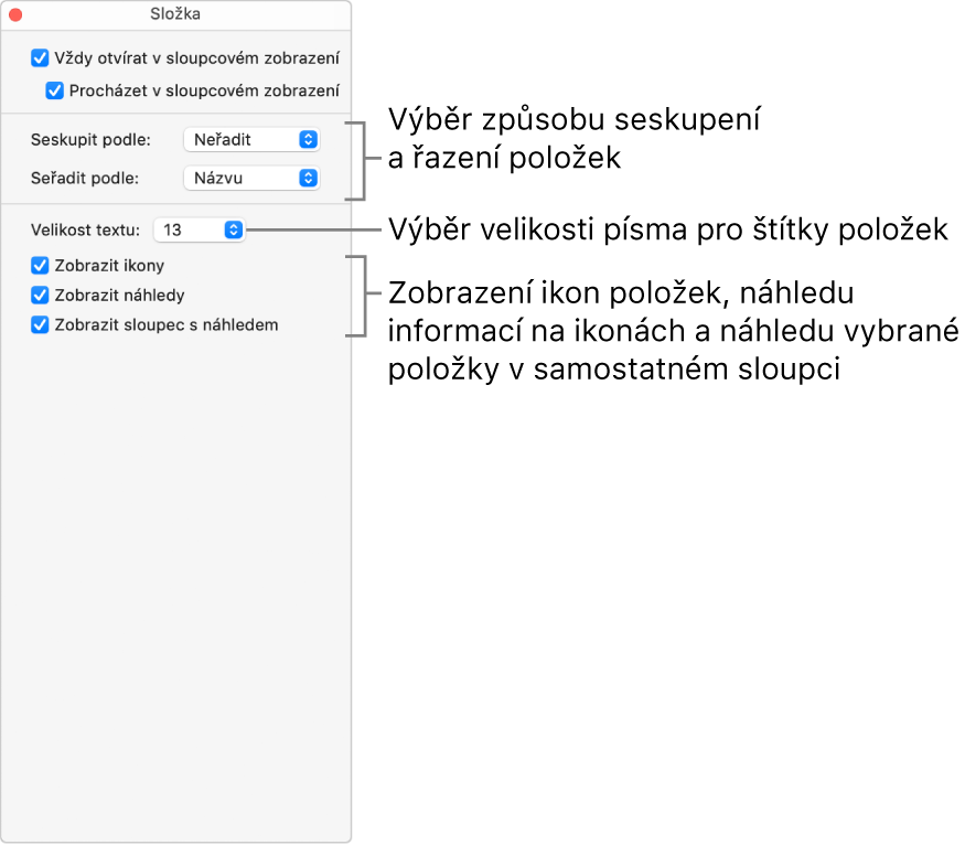 Volby sloupcového zobrazení pro složku
