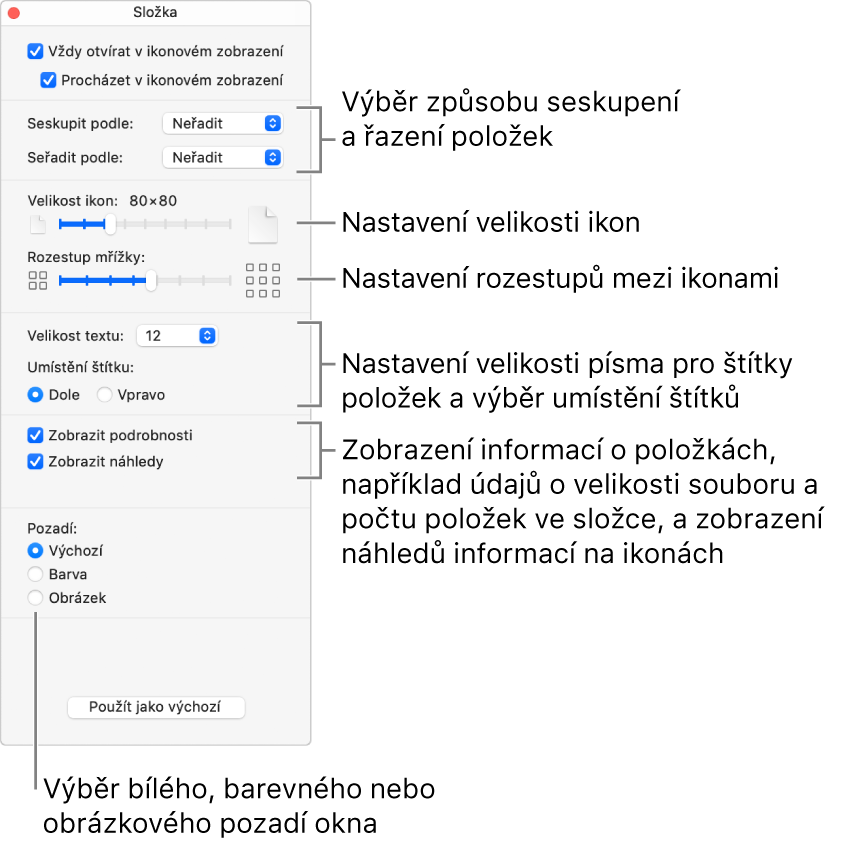 Volby ikonového zobrazení pro složku