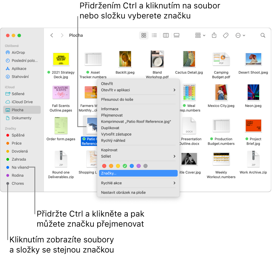 Okno Finderu, v němž jsou vidět soubory a složky opatřené značkami a jeden vybraný soubor. V nabídce zkratek jsou vidět značky s různými barvami a je zvýrazněna volba Značky