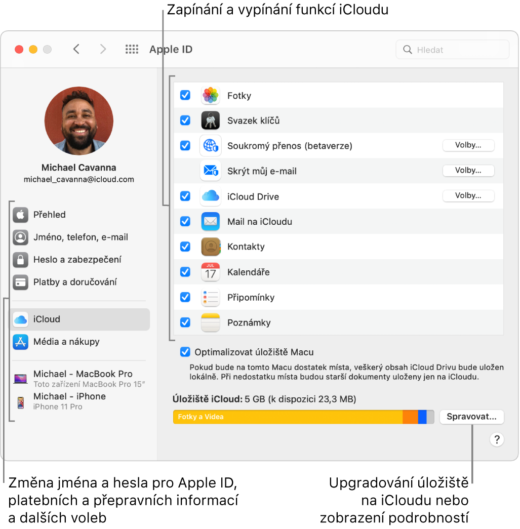 Okno předvoleb iCloud, v němž jsou všechny funkce vybrané