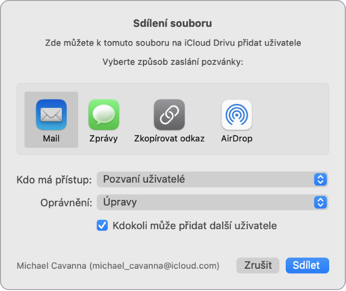 Okno Sdílení souboru obsahující aplikace, v nichž lze vytvářet pozvánky, a volby pro sdílení dokumentů