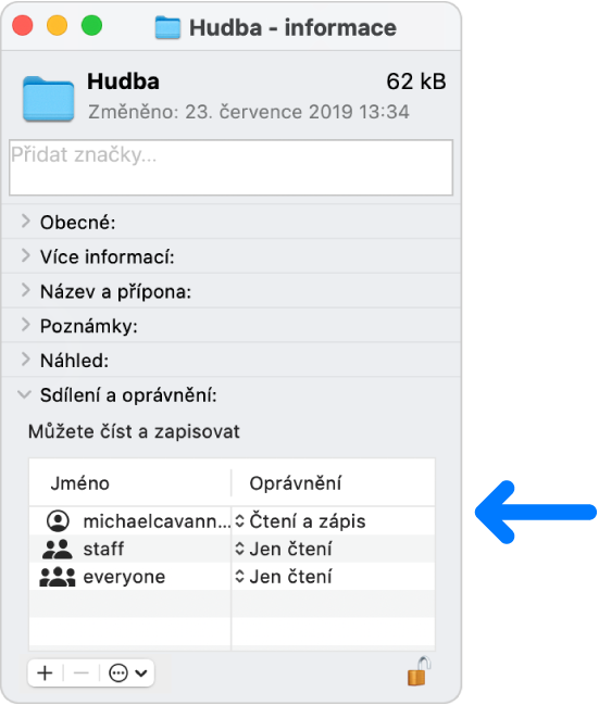 Nastavení oprávnění v dolní části informačního okna
