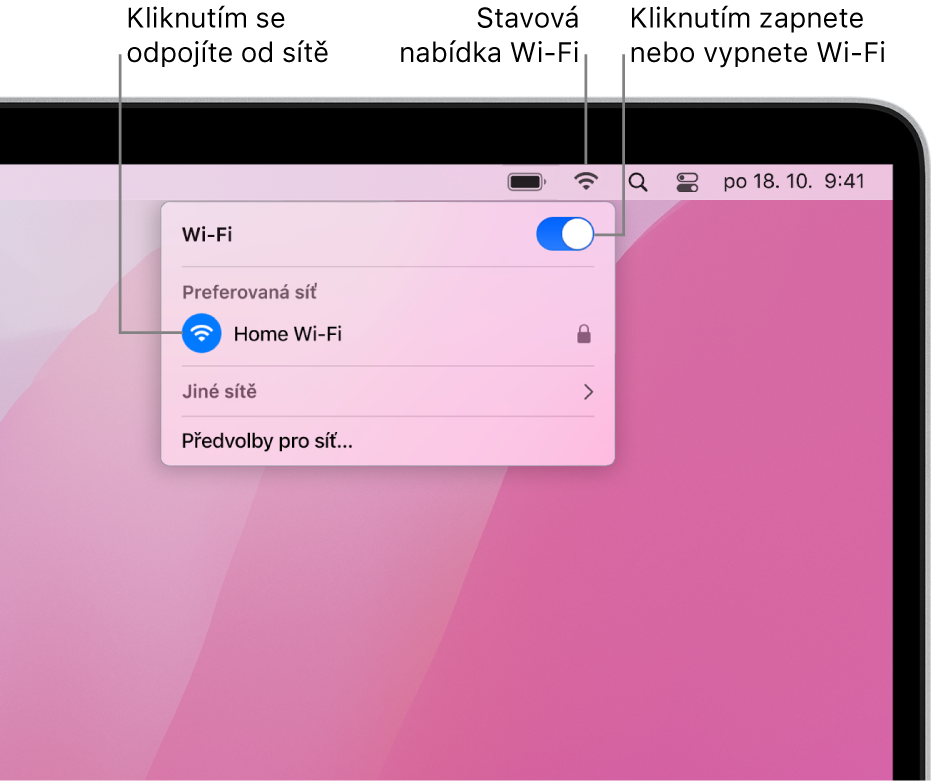Stavová nabídka Wi-Fi se zobrazením připojení k osobnímu hotspotu a dvě preferované sítě.