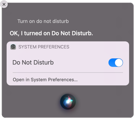 Okno Siri s požadavkem dokončit úlohu „Turn on do not disturb.“