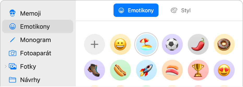 Dialogové okno obrázku pro Apple ID s výběrem volby Emotikon na bočním panelu a různé emotikony zobrazené vpravo
