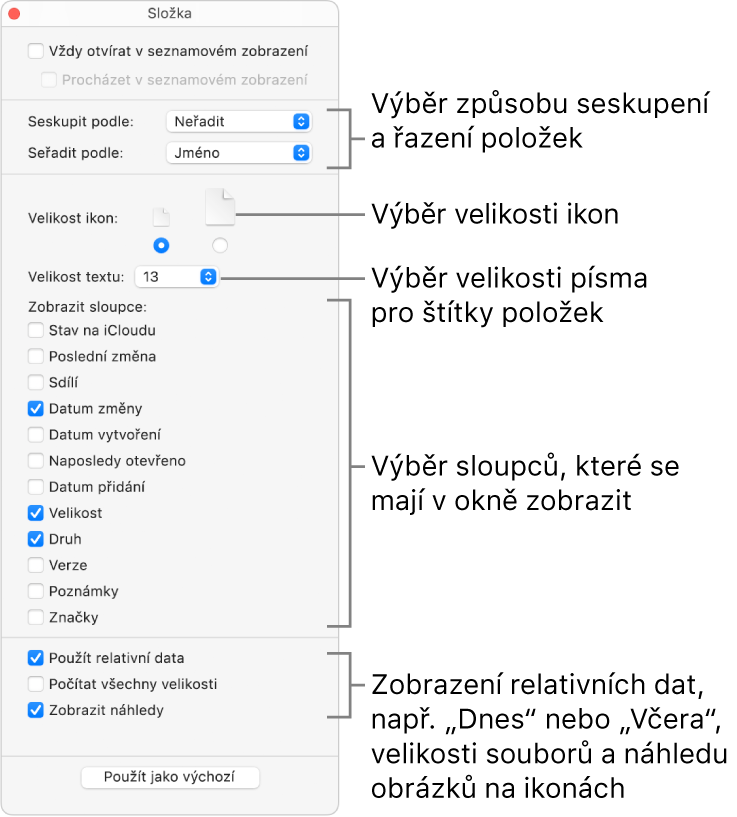 Volby seznamového zobrazení pro složku