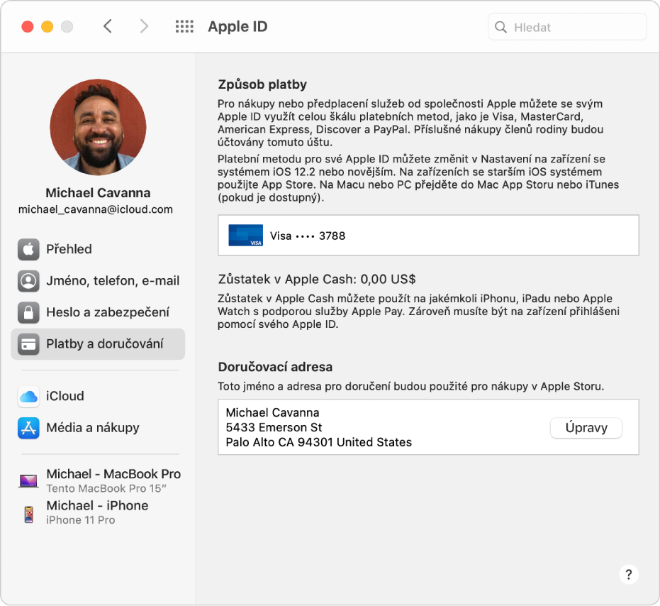 Okno s předvolbami Apple ID, v němž je vidět boční panel s různými typy voleb účtu, které můžete použít, a také předvolby Platby a doručování pro existující účet