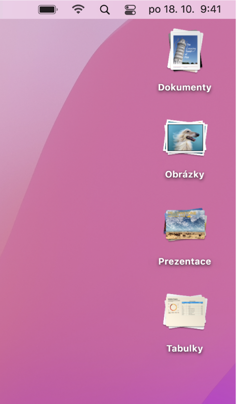 Plocha Macu se čtyřmi sadami – pro dokumenty, obrázky, prezentace a tabulky – podél pravého okraje obrazovky.