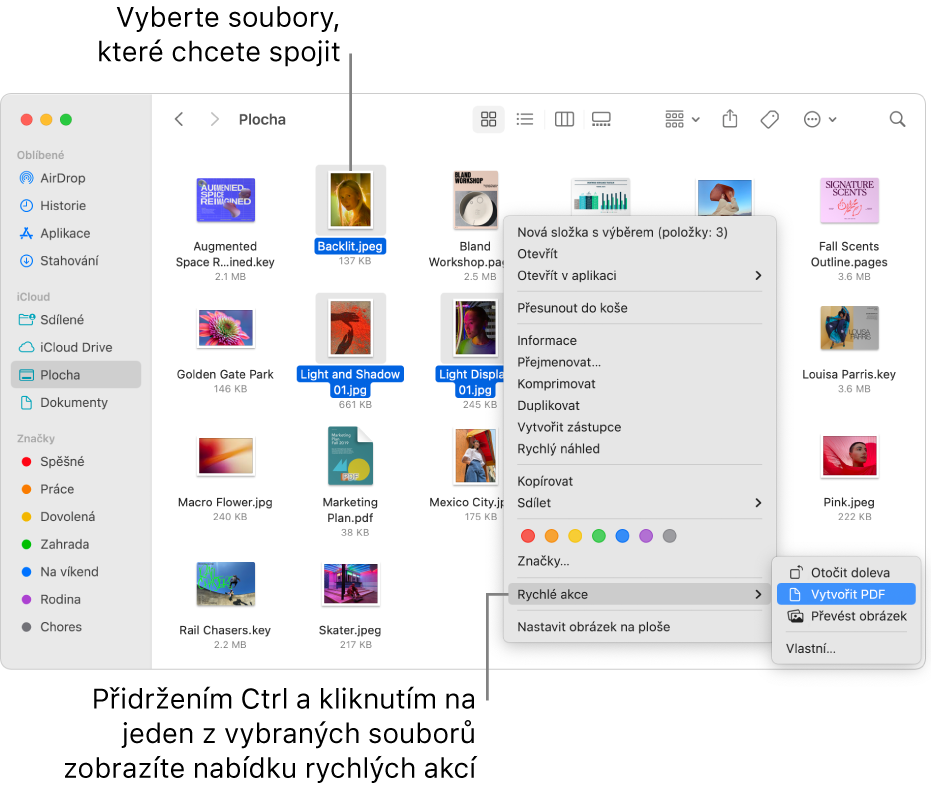 Okno Finderu se soubory a složkami, v němž jsou vybrány tři soubory. V nabídce Rychlé akce je zvýrazněna volba „Vytvořit PDF“.