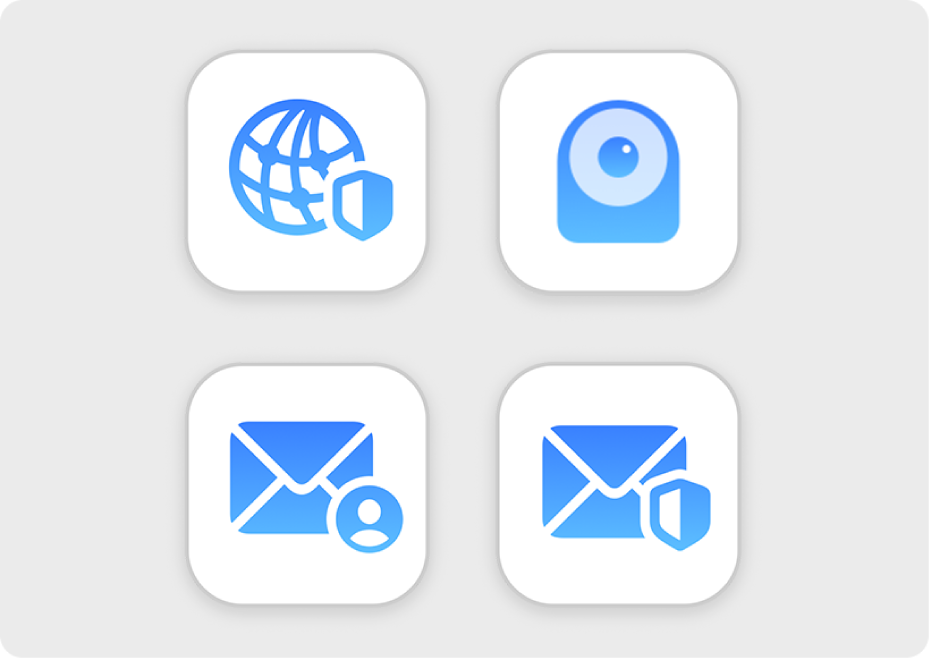Ikony pro Soukromý přenos přes iCloud, Skrýt můj e-mail, Domácnost a Mail