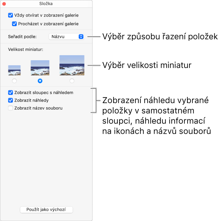 Volby zobrazení galerie pro složku